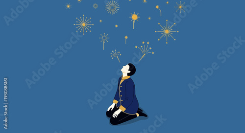 Man Gazing Up At Abstract Fireworks Bursting In Blue Sky