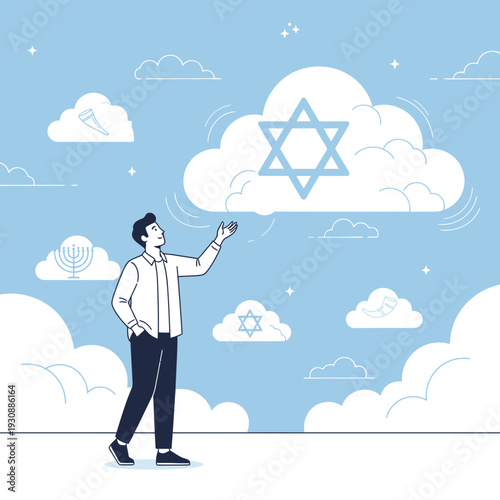 Man Gazing Up At Star Of David Cloud Symbolizing Faith And Spirituality