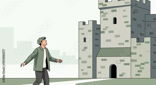 Man Gazing Upwards At Majestic Castle Imposing Structure With Architectural Detail And Modern