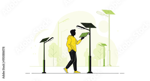 Man Holding Solar Panel Near Street Lights With Green Energy Concept