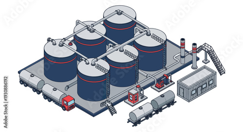 Isometric view of a large industrial oil refinery with multiple storage tanks and transportation vehicles.