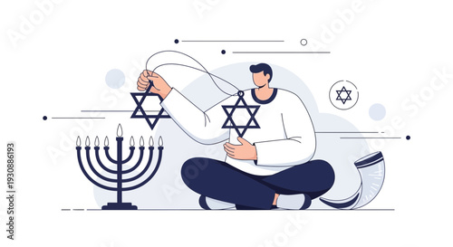 Man Holding Star of David Decorations Near Menorah and Shofar