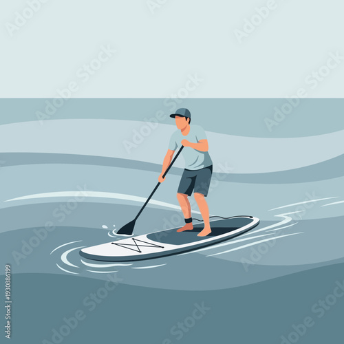 Man Gliding On Paddleboard Across Calm Waters Capturing Serene Ocean Moments