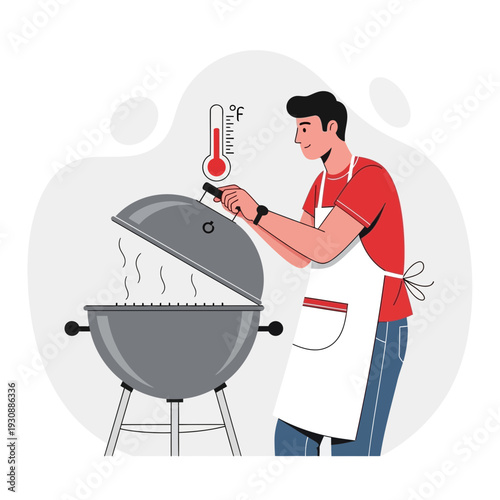 Man Grilling Food Outdoors Using A Thermometer To Check Temperature