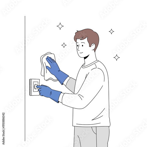 Man In Blue Gloves Wipes A Light Switch With A White Cloth