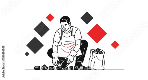 Man In Apron Sorting Charcoal Briquettes For Barbecue Or Industry Use