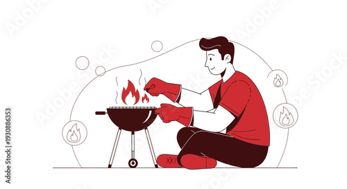 Man Grilling Food Over A Fiery Barbecue With Protective Gloves