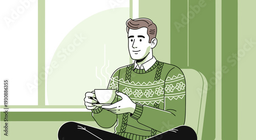 Man In Cozy Sweater Sipping Hot Beverage Enjoying A Moment Of Tranquility Indoors