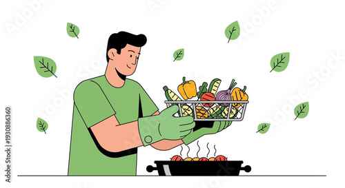 Man Grilling Fresh Vegetables For A Healthy Summer Meal Outdoors