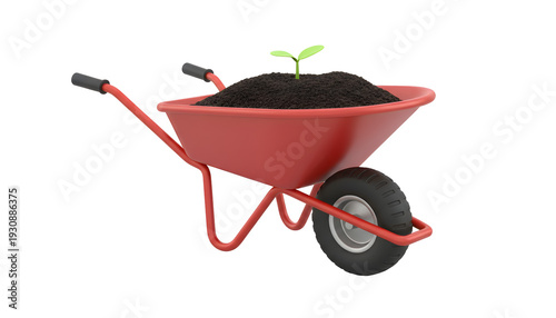 Red Wheelbarrow with Green Sprout Growing from Rich Dark Soil.