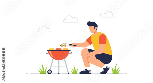 Man Grilling Hot Dogs On A Barbecue In A Simple Minimalist Style
