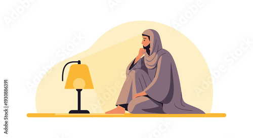 Man In Traditional Attire Contemplating Under Lamp Light