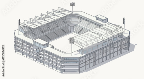 Isometric wireframe drawing of a modern sports stadium with floodlights.