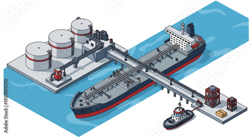 Oil Tanker Docked at Industrial Port with Storage Tanks.