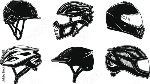 Safety Helmet Set Featuring Bicycle Motorbike and Skate Helmets for Protective Sports Gear Professional Head Protection and Cad Drawing Flat Vector Illustration