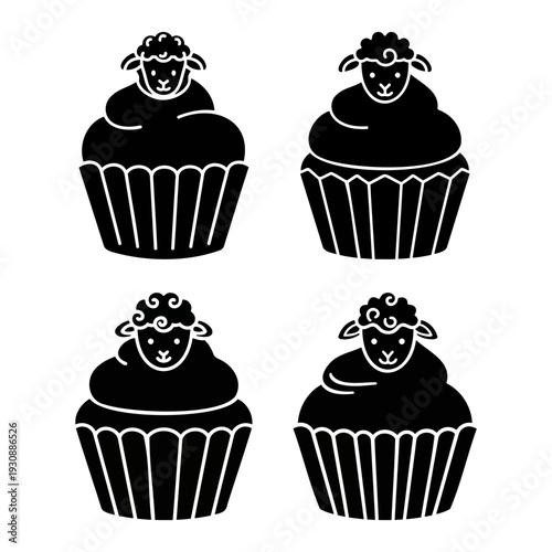 Black silhouettes of lamb and sheep cupcakes for Easter bakery branding and seasonal event graphics