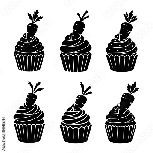 Carrot topper cupcake silhouettes for spring garden party menus and healthy bakery social media content
