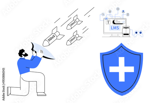 Cybersecurity, online protection, education technology, DDoS attacks, risk mitigation, online learning. Person blocking missiles labeled DDoS, LMS graphic shield icon. Cybersecurity and online