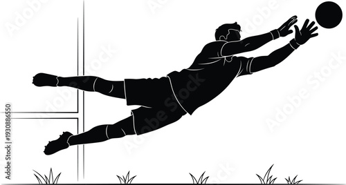 Silhouette of soccer goalkeeper diving to save ball, black and white sports illustration, athletic vector artwork design symbolizing competition, motion, and dynamic energy