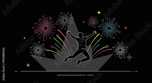 Man Jumps Joyfully Amidst Vibrant Fireworks Celebration