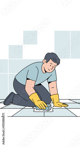 Man Kneeling Cleaning Floor With Sponge And Gloves