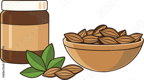 A white cup of organic roasted coffee stands beside a dark bowl of dry brown beans and sweet chocolate snacks isolated on a clean background for a healthy cafe breakfast