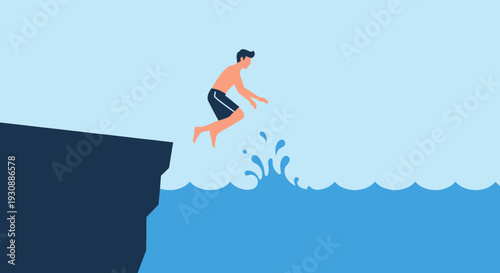 Man Jumps From Cliff Into Water Illustration