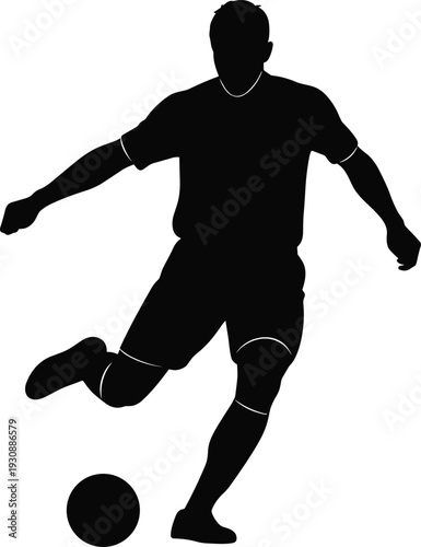 Silhouette of soccer player kicking ball in dynamic motion, black and white sports illustration, athletic vector artwork design symbolizing competition, energy, and teamwork