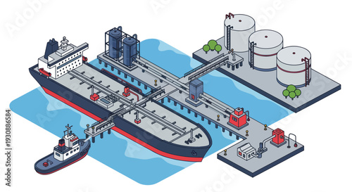 Oil Tanker Ship Docked at Industrial Port with Storage Tanks.