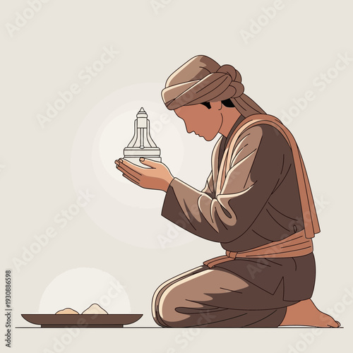 Man Kneeling In Prayer Holding Sacred Object Offering Blessings And Faith