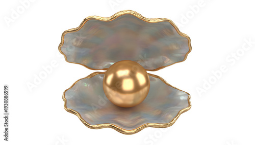 Golden Pearl Nestled Within Open Oyster Shell Isolated on White Background.
