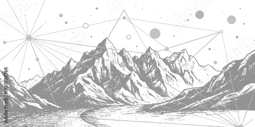 Line art illustration of a mystical mountain landscape with geometric patterns and celestial elements in the sky