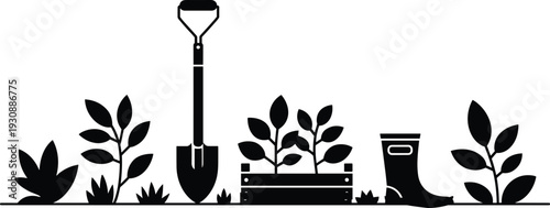 Gardening tools silhouette illustration, shovel planter box rubber boots, home garden planting concept, spring farming vector, eco lifestyle design, graphic