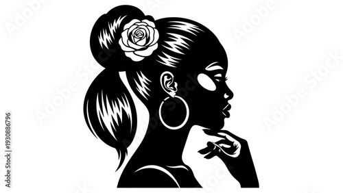 Elegant Black Woman Profile Silhouette with Rose in Hair and Hoop Earrings