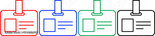Set of four identity card or badge icons in red, blue, green, and black outlines