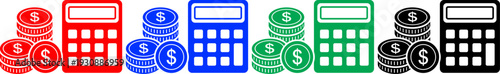 Calculator and stacked gold coins icon set for accounting business mathematics and financial planning