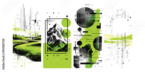 Digital collage featuring a mountain peak and a landscape of green fields with abstract technical elements