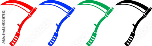Set of four scythe icons in red, blue, green, and black outline with solid handles