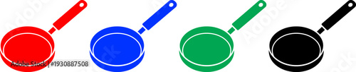 Four frying pans with handles in red, blue, green, and black on a transparent background