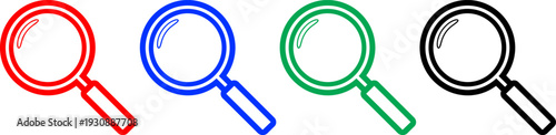 Four outlined magnifying glass icons in red, blue, green, and black on a transparent background