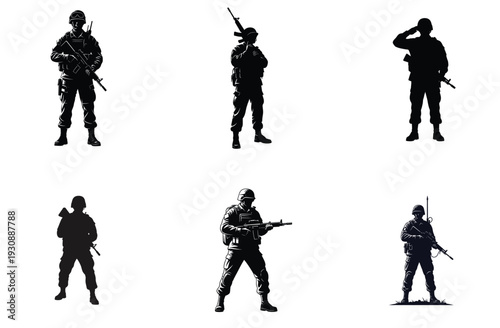 Soldier Silhouettes Various Poses Military Vector Illustration