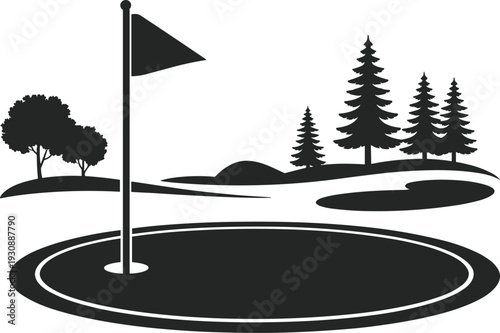 Golf course hole silhouette landscape, flag on putting green, outdoor sport nature scene, minimal black vector illustration design
