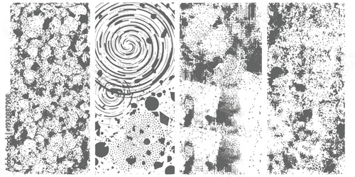 A collection of four diverse black and white abstract patterns including spirals and grunge textures