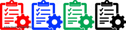 Clipboard icons with checkmarks and gears in red blue green and black colors on transparent