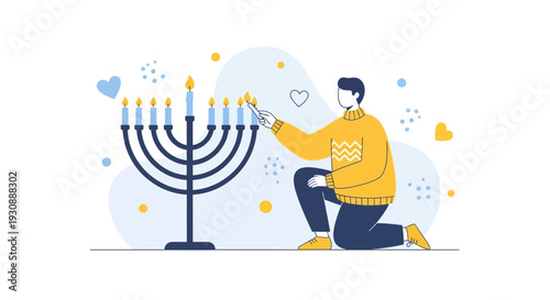 Man Lighting Candles On Menorah During Hanukkah Celebration