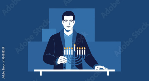 Man Lighting Candles On Menorah For Hanukkah Celebration Event
