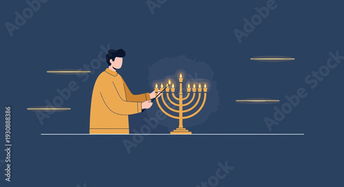Man Lighting Hanukkah Menorah Festive Celebration