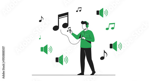 Man Listening To Music With Headphones And Speakers Surround Him