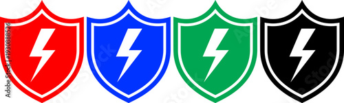 Shield icons with lightning bolt symbol representing power and protection in multiple color options