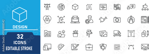 Design Line Icon Set. Contain to related icons Graphic and Creative Tools, imagination, monitor, picture,and more.  Editable Stroke Vector